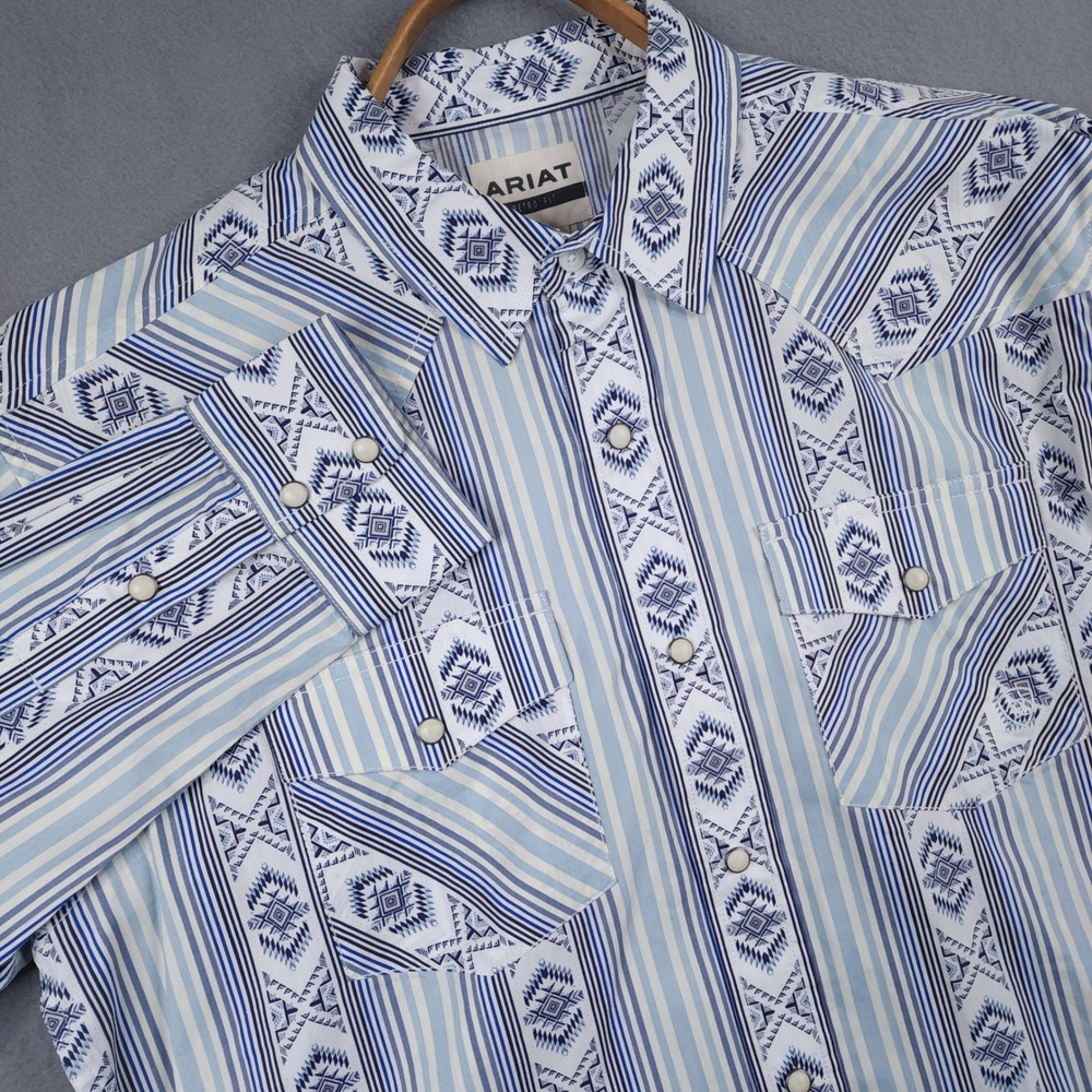 Ariat Western Pearl Snap Shirt Mens L Blue Retro Fit Geometric Stripe